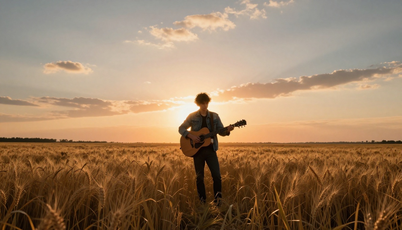 Indie musician at golden hour in a wheat field holding an acoustic guitar