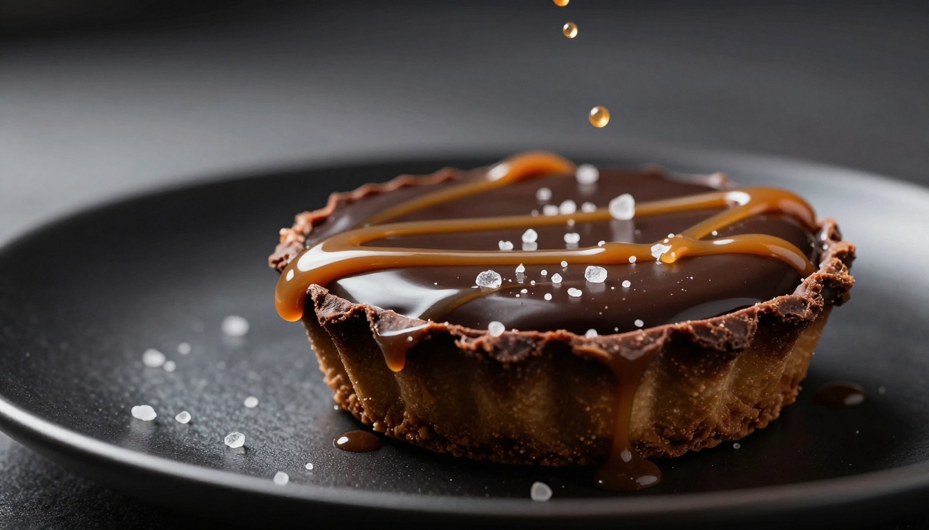 Extreme close-up of a glossy dark chocolate tart with caramel drizzle and fleur de sel crystals on a matte black ceramic plate Extreme close-up of a glossy dark chocolate tart with caramel drizzle and fleur de sel crystals on a matte black ceramic plate
