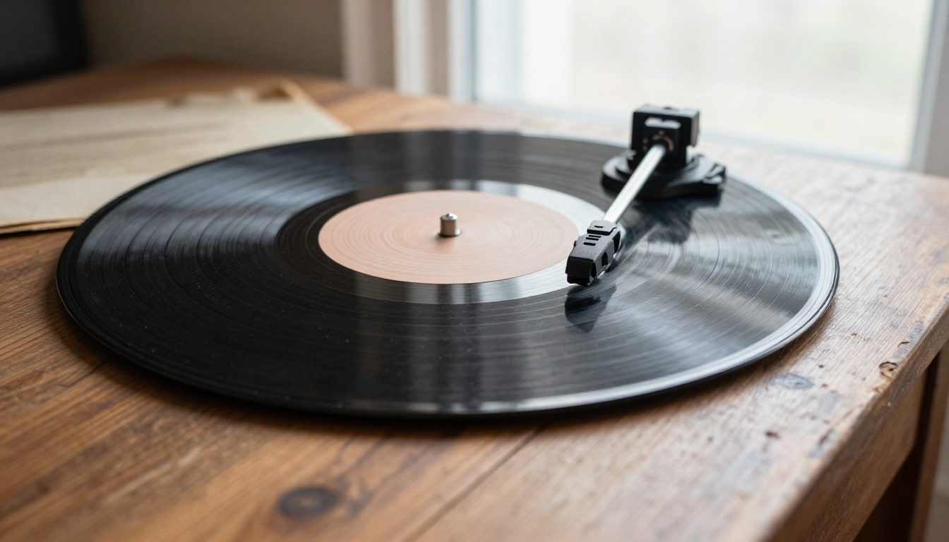 Close-up of a vintage vinyl record on a wooden table in warm morning light