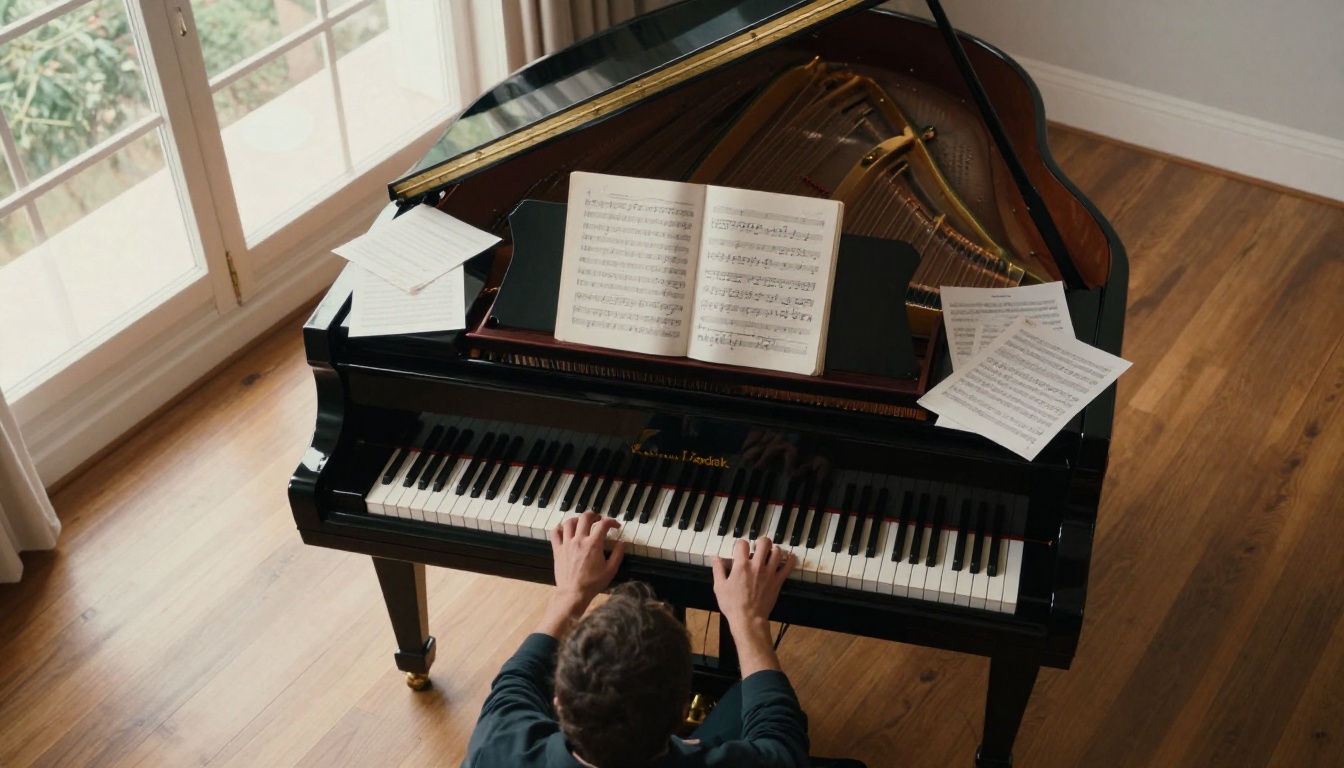 Aerial view of musician's hands on a grand piano with sheet music scattered around
