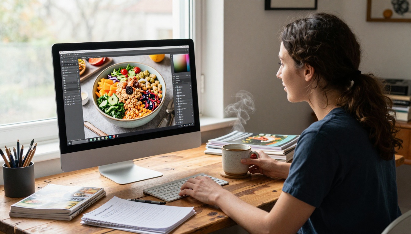 Food blogger editing recipe photos on an iMac in a warm home workspace with stacks of food magazines nearby Food blogger editing recipe photos on an iMac in a warm home workspace with stacks of food magazines nearby
