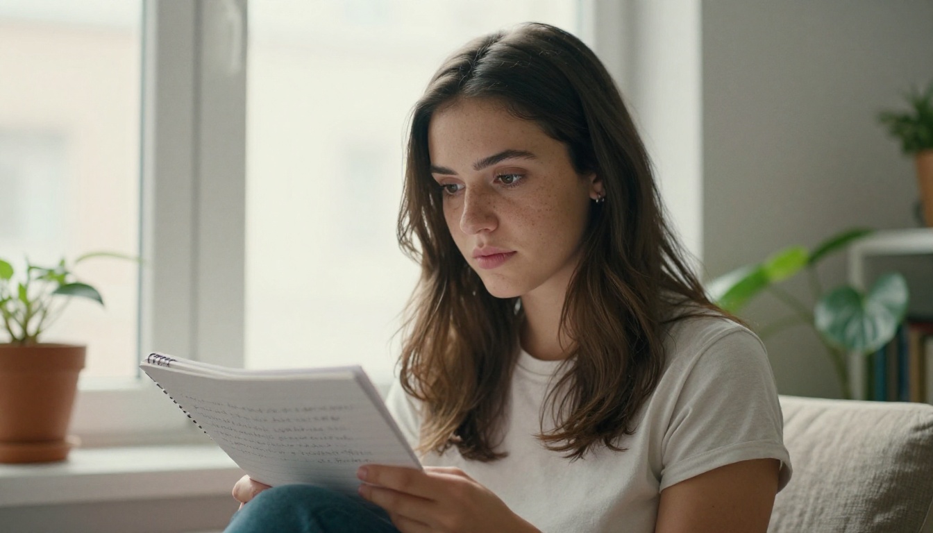 Natural light portrait of a female musician sitting in a window seat with a lyric notebook