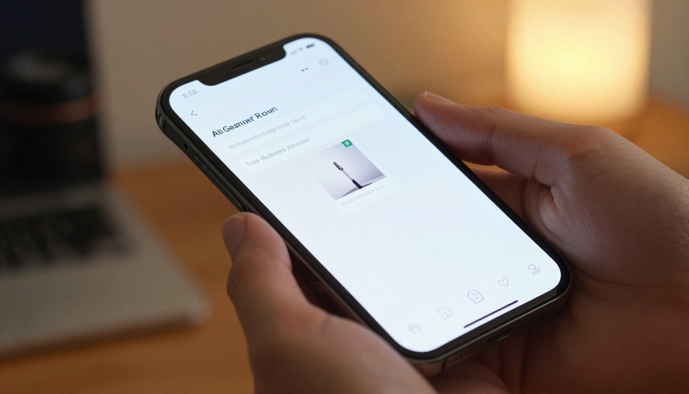Smartphone displaying an AI image generation interface in warm home studio lighting Smartphone displaying an AI image generation interface in warm home studio lighting