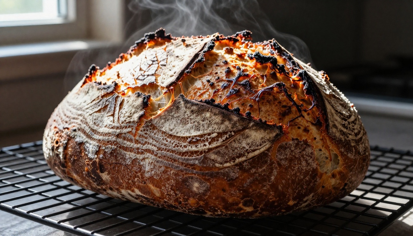 Dramatic side-lit close-up of a freshly baked sourdough boule with deep score patterns on a wire cooling rack Dramatic side-lit close-up of a freshly baked sourdough boule with deep score patterns on a wire cooling rack