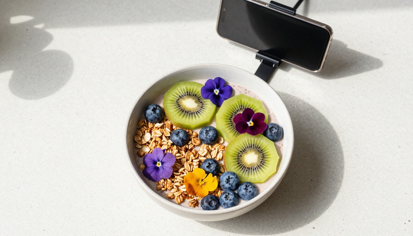 Overhead aerial flat-lay of a vibrant smoothie bowl with kiwi, blueberries, granola and edible flowers on speckled terrazzo Overhead aerial flat-lay of a vibrant smoothie bowl with kiwi, blueberries, granola and edible flowers on speckled terrazzo