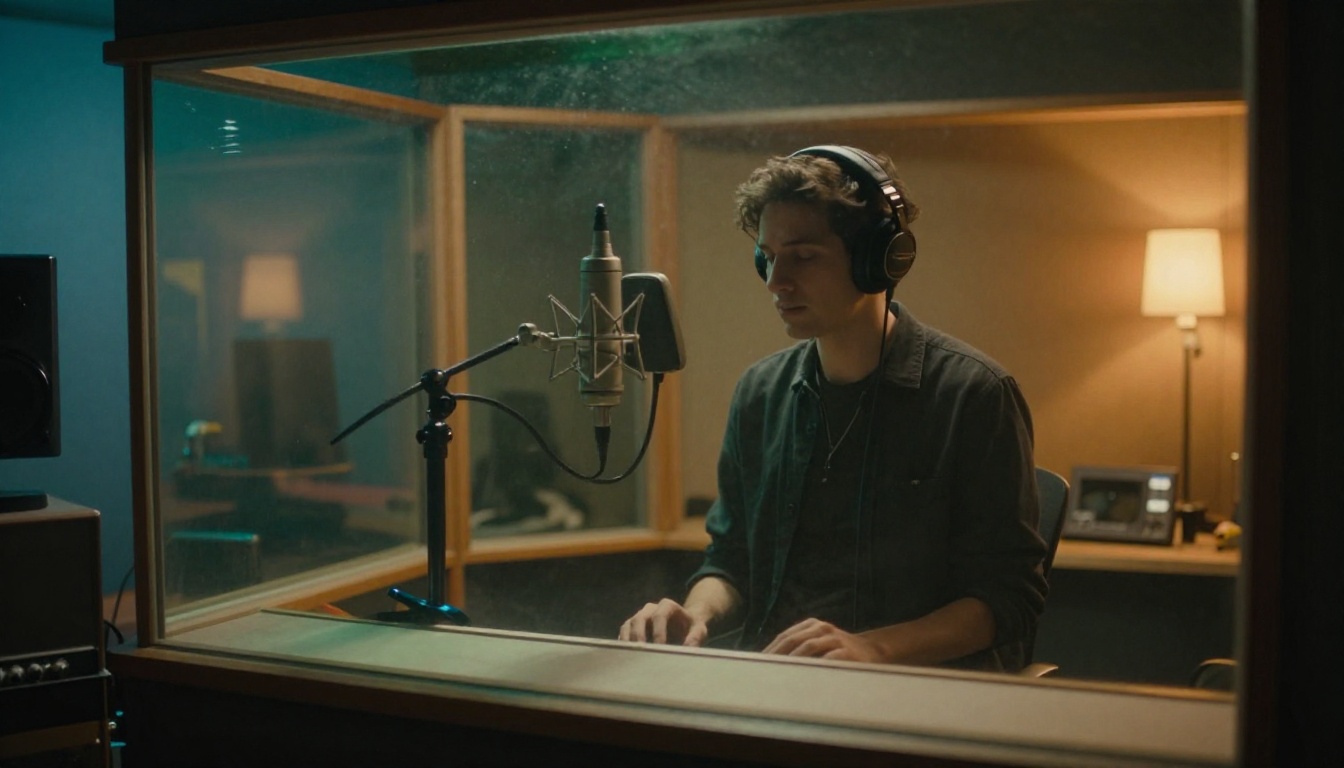 Musician in a vintage recording booth viewed through studio glass Musician in a vintage recording booth viewed through studio glass