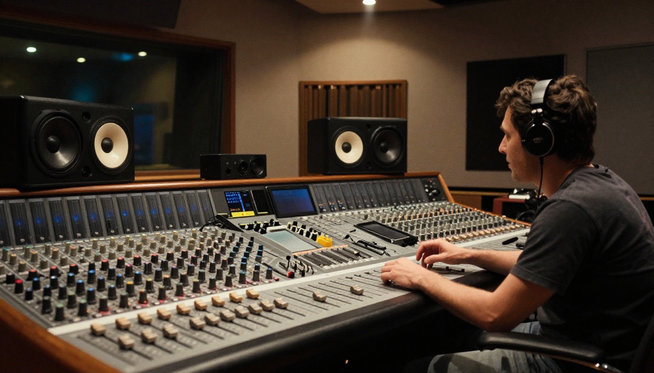 Professional music producer at a mixing console in a warm recording studio Professional music producer at a mixing console in a warm recording studio