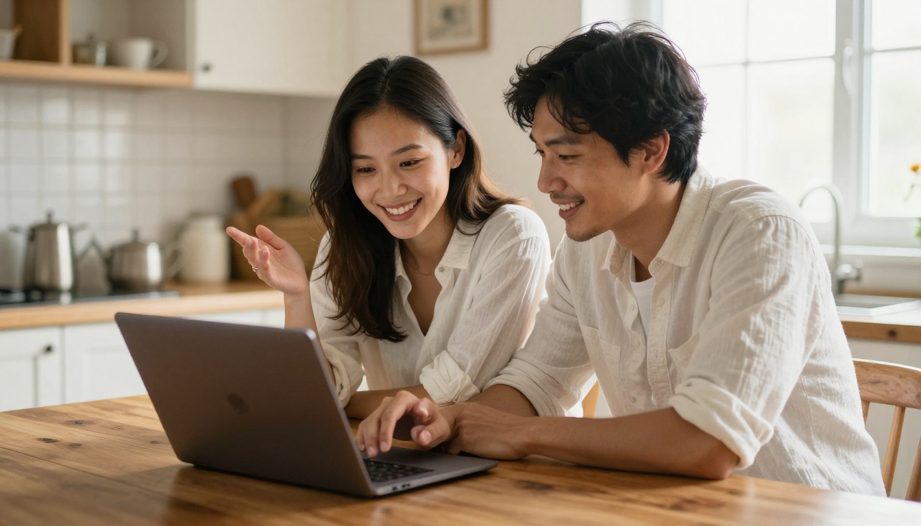 Couple sitting together reviewing wedding content on laptop