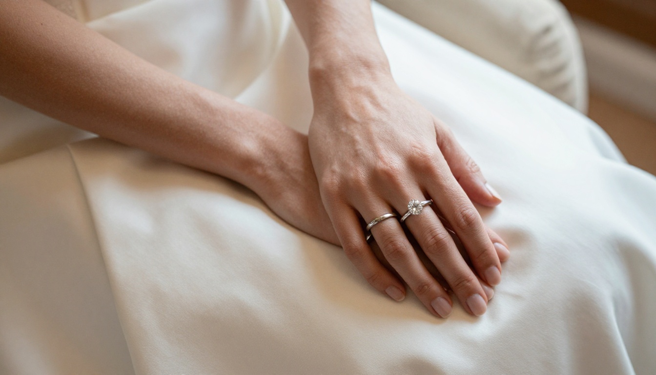 Close-up of bride and groom hands with wedding rings on silk dress