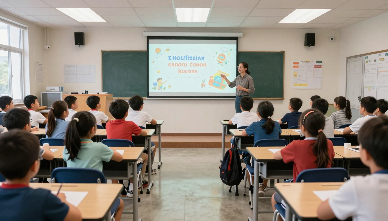 Wide shot of a bright modern classroom with students looking at a colorful visual presentation on a projector screen