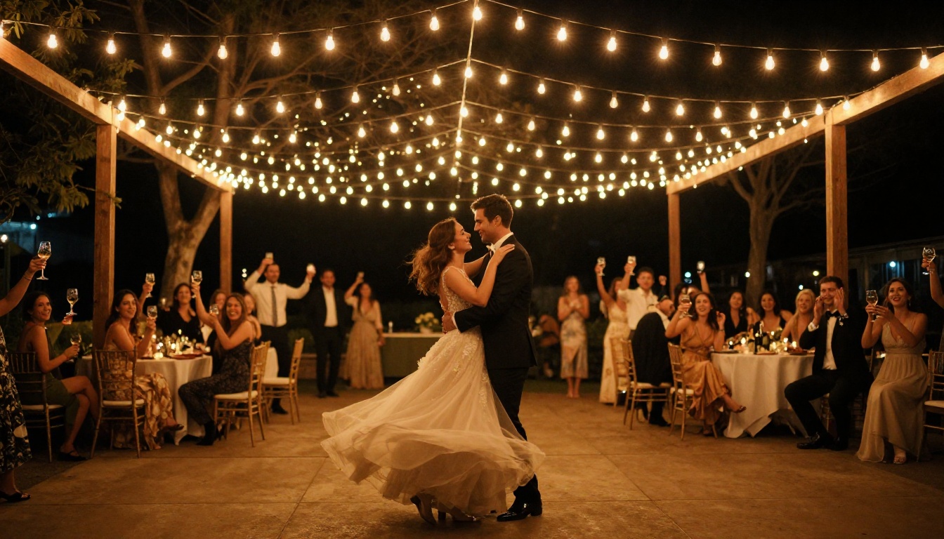 First dance under string lights at outdoor night reception