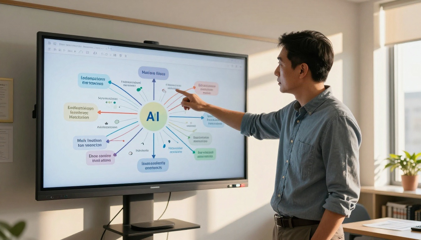 A male teacher pointing at an AI-generated concept diagram displayed on a large school monitor