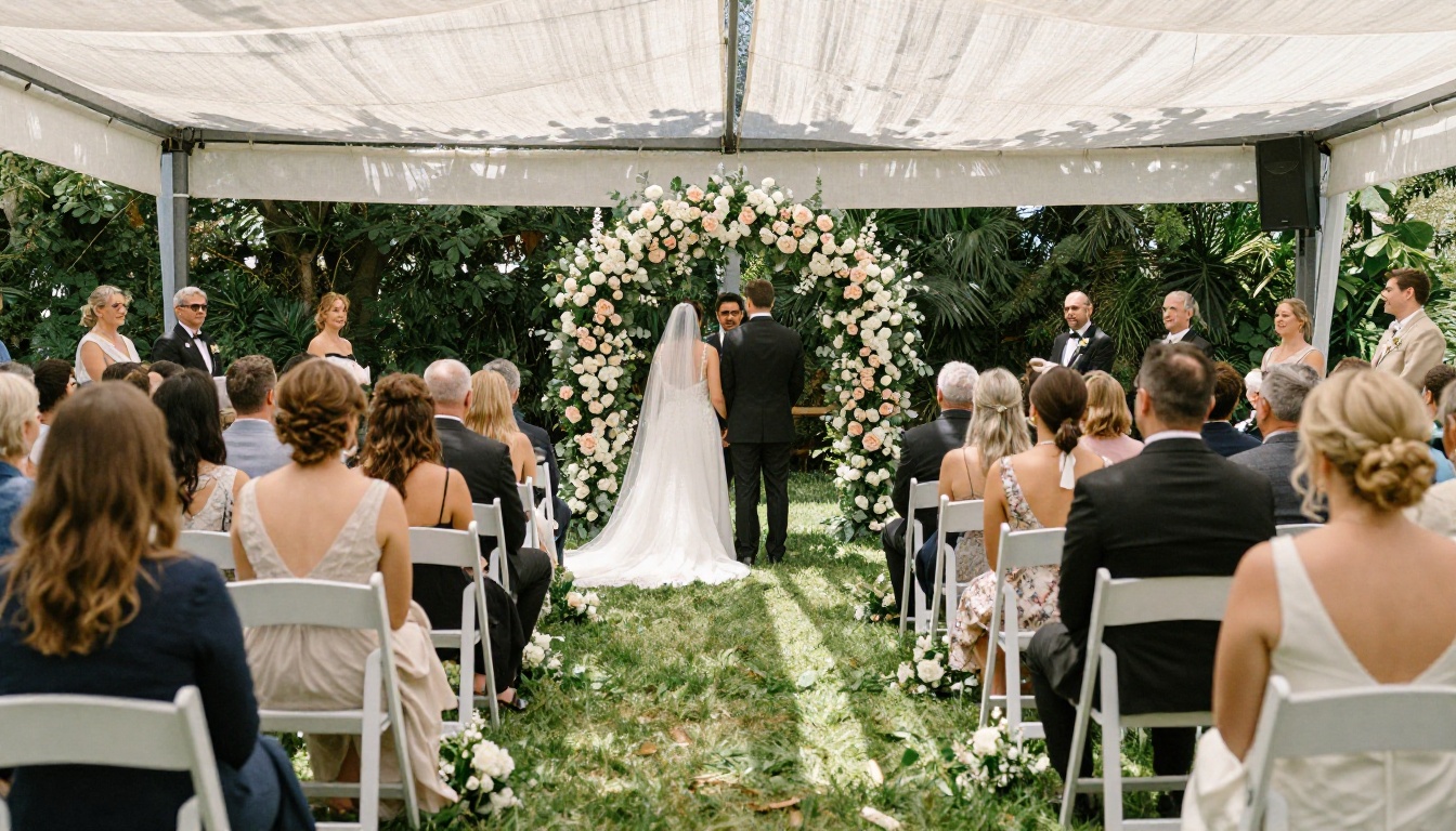 Outdoor wedding ceremony with floral arch at golden hour