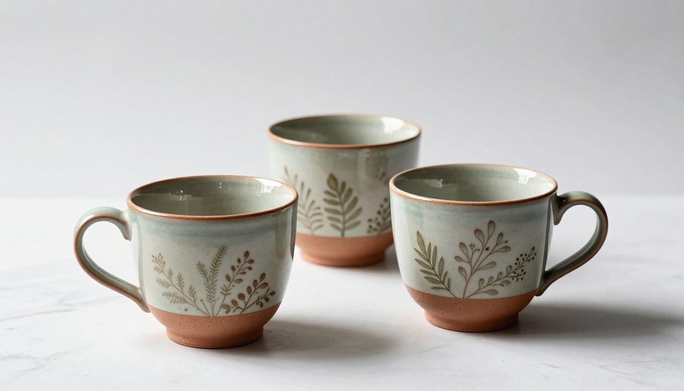 Handmade ceramic mugs on white marble surface, studio-quality product photography Handmade ceramic mugs on white marble surface, studio-quality product photography