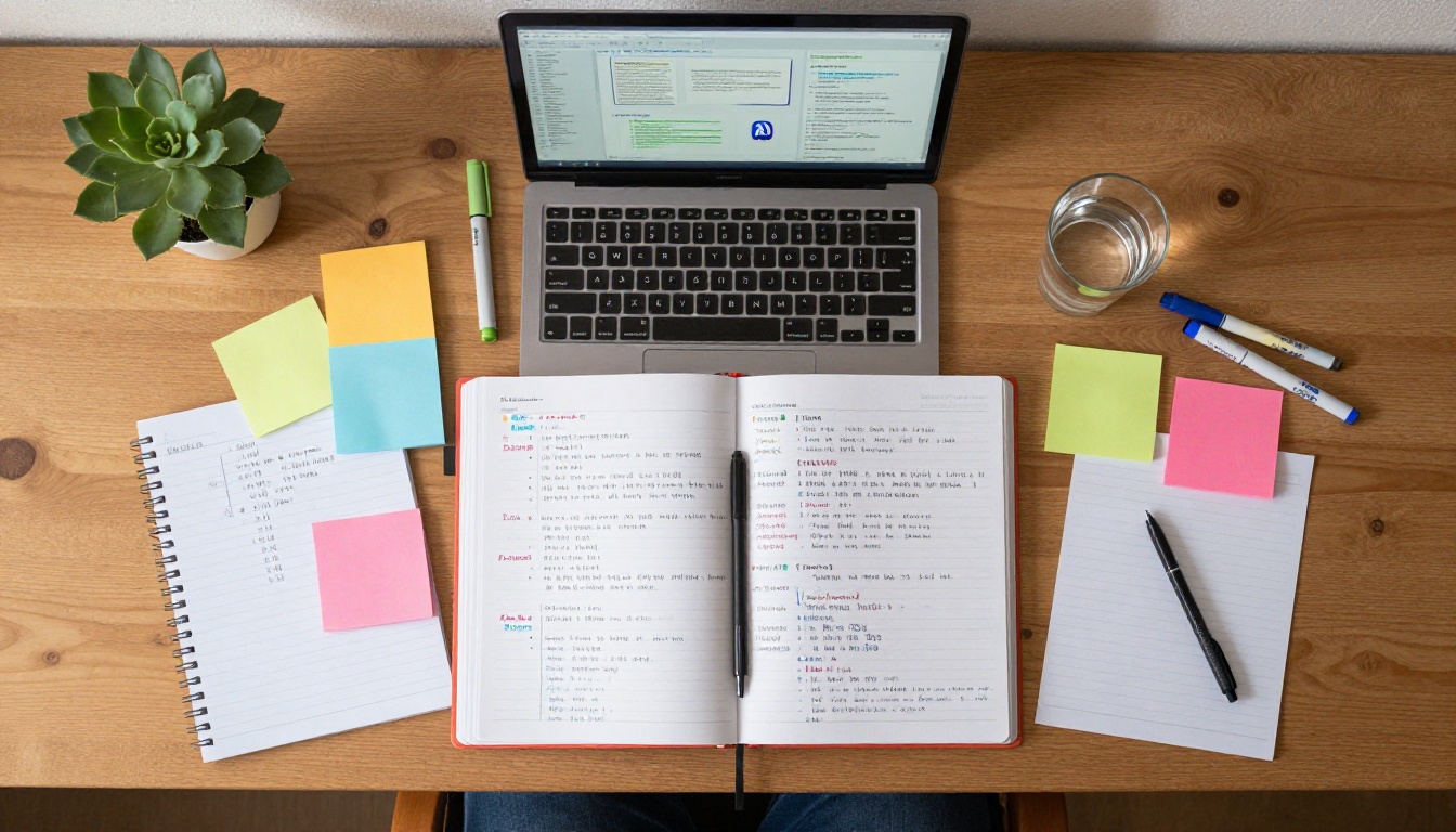 Aerial top-down view of a teacher's organized desk with planning materials, a tablet, and laptop open to slide design software