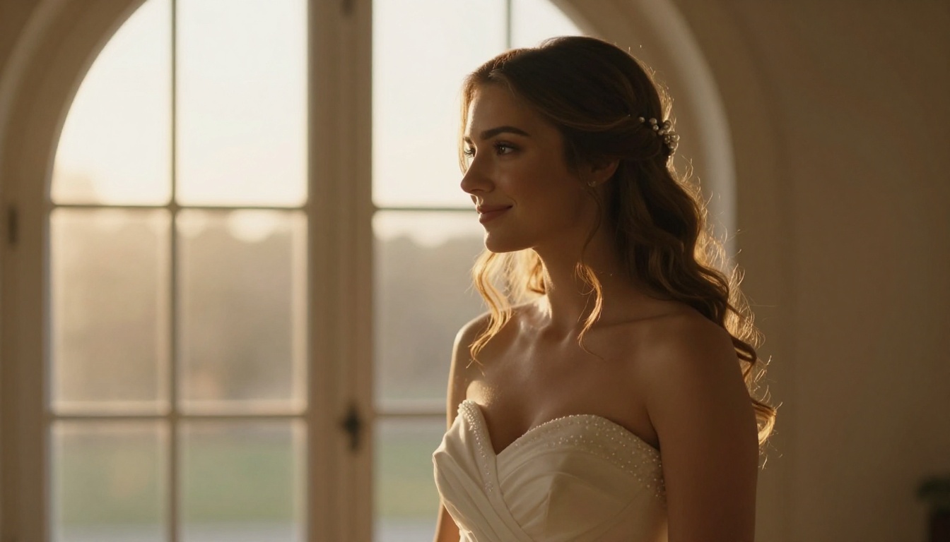 Bride portrait with golden window light, ivory gown