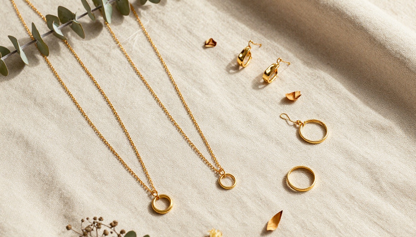 Handmade gold-filled jewelry arranged on natural linen fabric, aerial flat lay perspective Handmade gold-filled jewelry arranged on natural linen fabric, aerial flat lay perspective