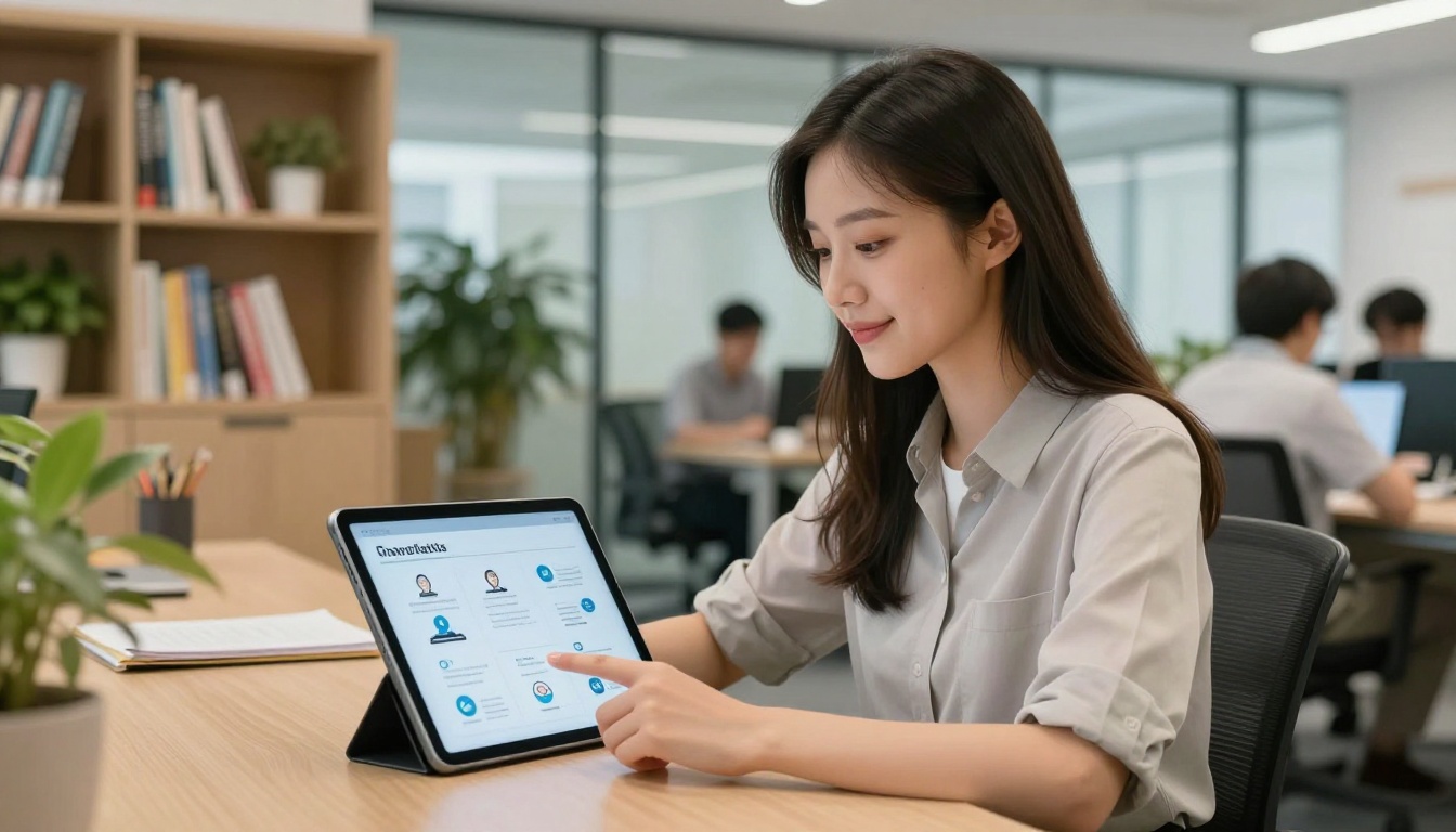 A young teacher reviewing AI-generated educational slide content on a tablet in a modern school workspace