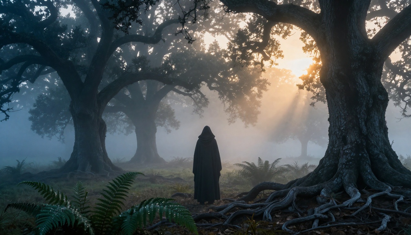 Fantasy novel cover scene - misty forest with cloaked figure at dawn Fantasy novel cover scene - misty forest with cloaked figure at dawn