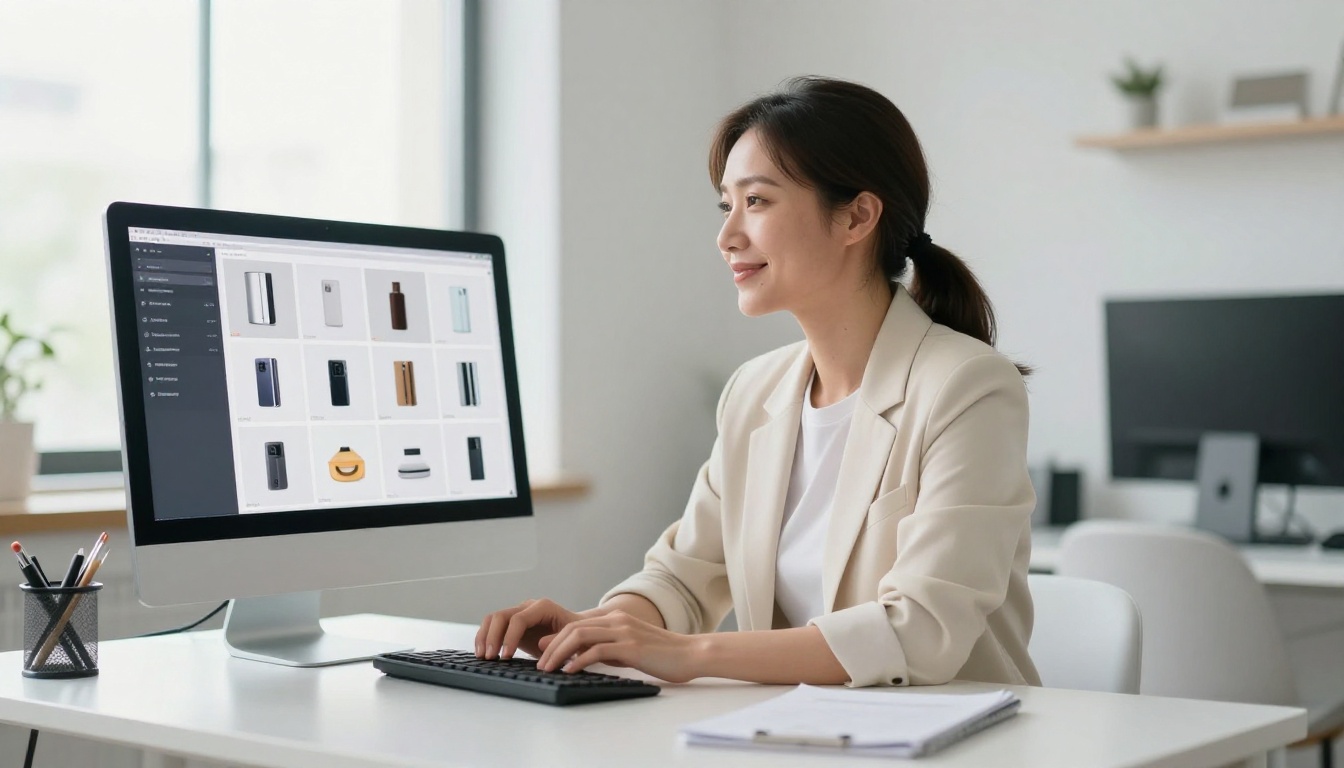 Small business owner smiling confidently at monitor displaying product image grid Small business owner smiling confidently at monitor displaying product image grid