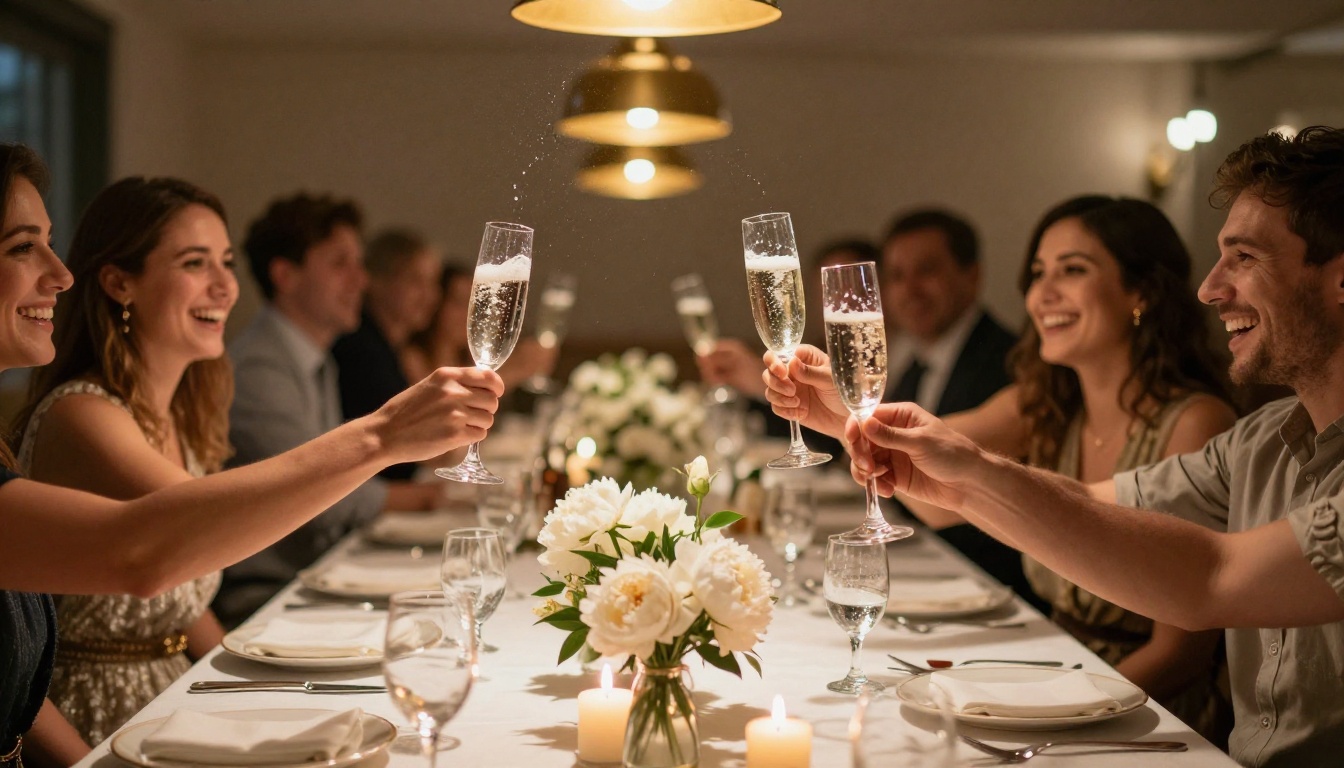Wedding reception champagne toast with friends laughing