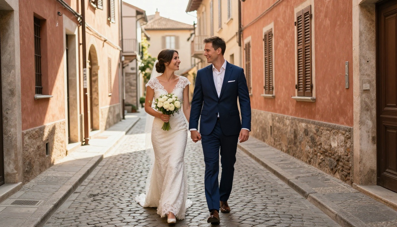 Newlywed couple walking cobblestone street in European old town