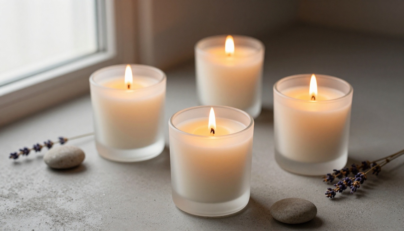 Handmade soy wax candles on concrete surface with warm flame glow and natural shadows Handmade soy wax candles on concrete surface with warm flame glow and natural shadows