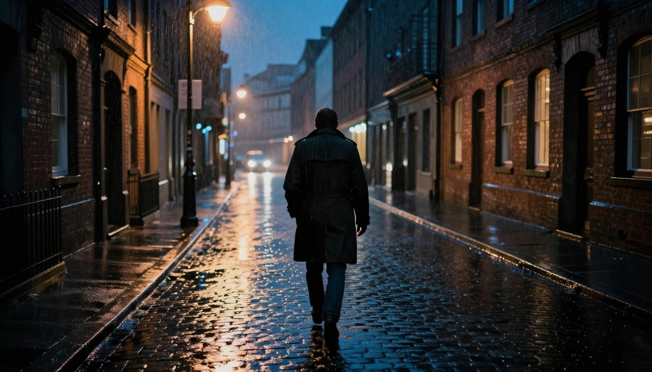 Thriller cover - dark rainy city street at night, noir atmosphere Thriller cover - dark rainy city street at night, noir atmosphere