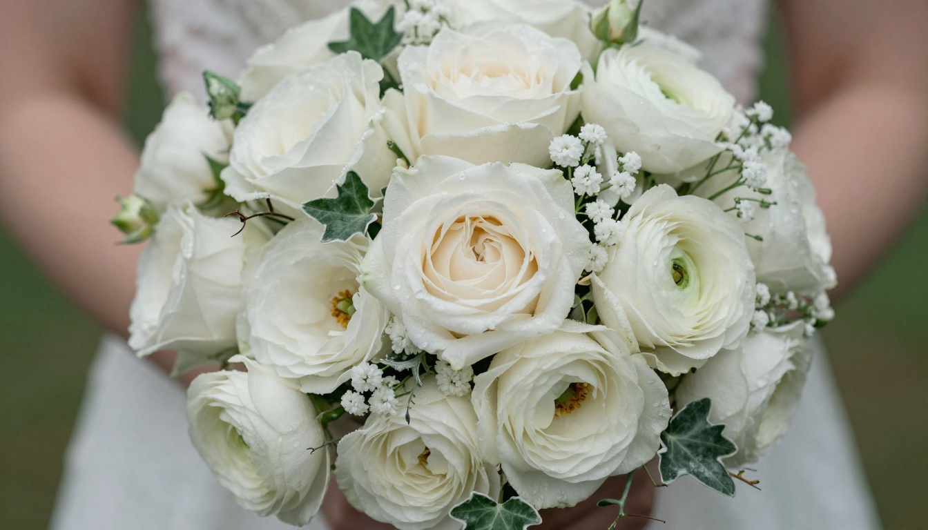 White bridal bouquet with roses, ranunculus, and morning dew