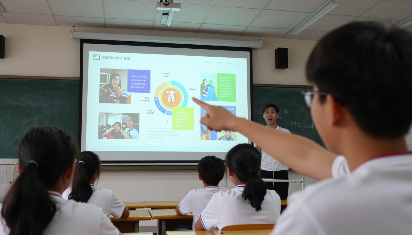 A high school student pointing excitedly at a bright colorful AI-generated slide on a classroom projector screen