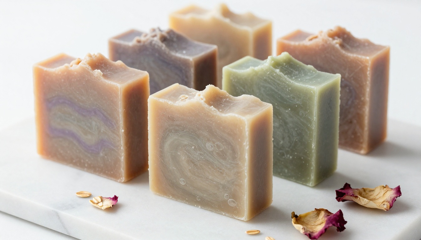 Artisan handmade soap bars on white marble with rose petals and natural overhead lighting Artisan handmade soap bars on white marble with rose petals and natural overhead lighting