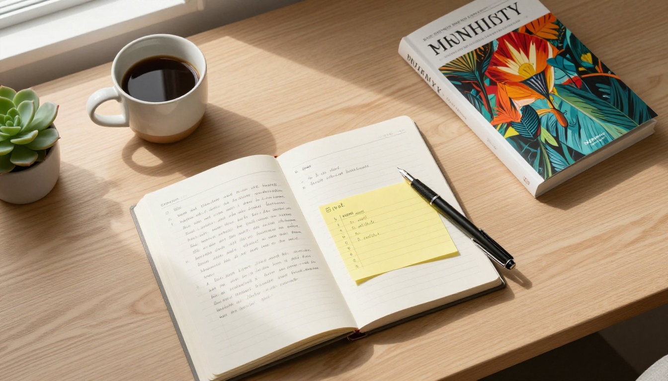 Minimalist writer workspace flatlay with manuscript and cover proof Minimalist writer workspace flatlay with manuscript and cover proof