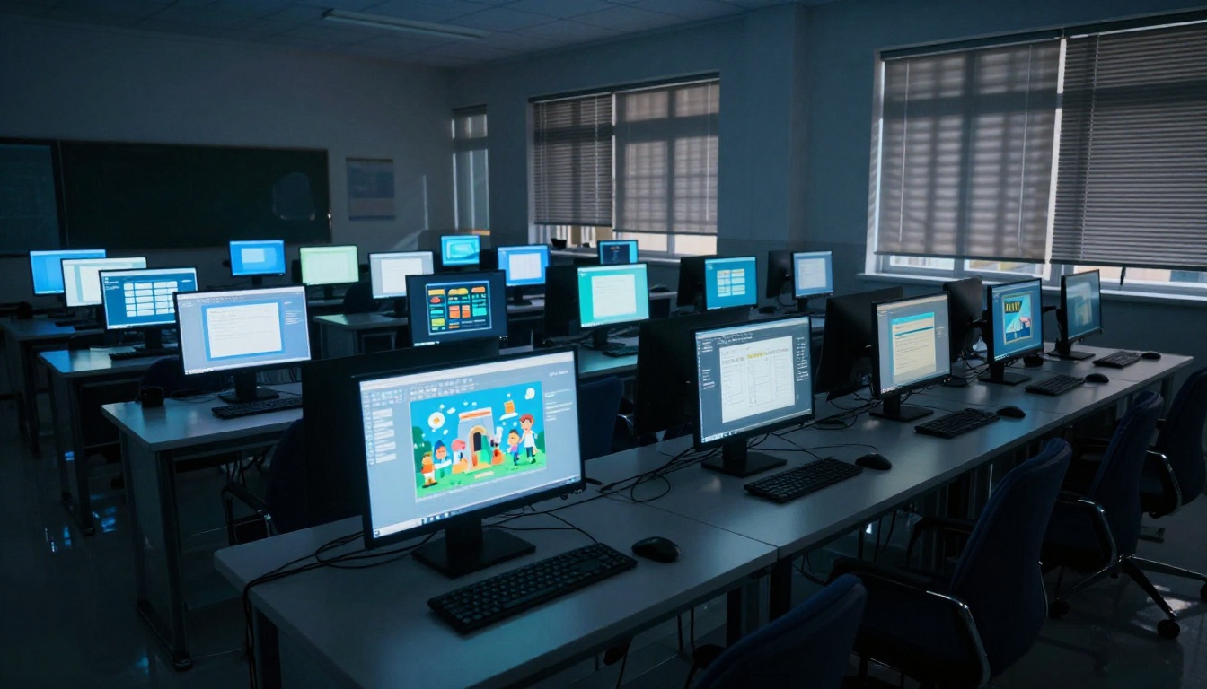 An atmospheric school computer lab at night with glowing monitors displaying slide design software