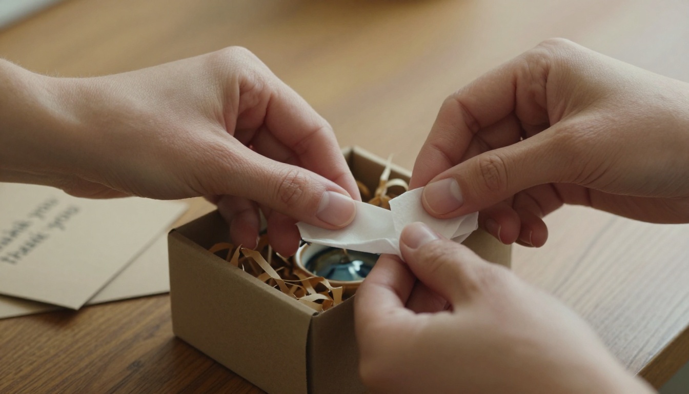 Close-up of hands carefully packaging a handmade ceramic piece in kraft paper shipping box Close-up of hands carefully packaging a handmade ceramic piece in kraft paper shipping box