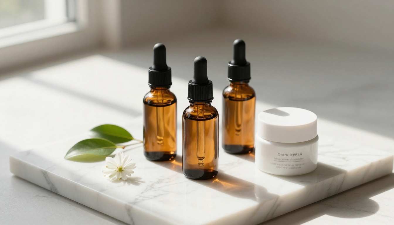 Natural skincare product set with amber glass bottles arranged on marble with botanicals Natural skincare product set with amber glass bottles arranged on marble with botanicals