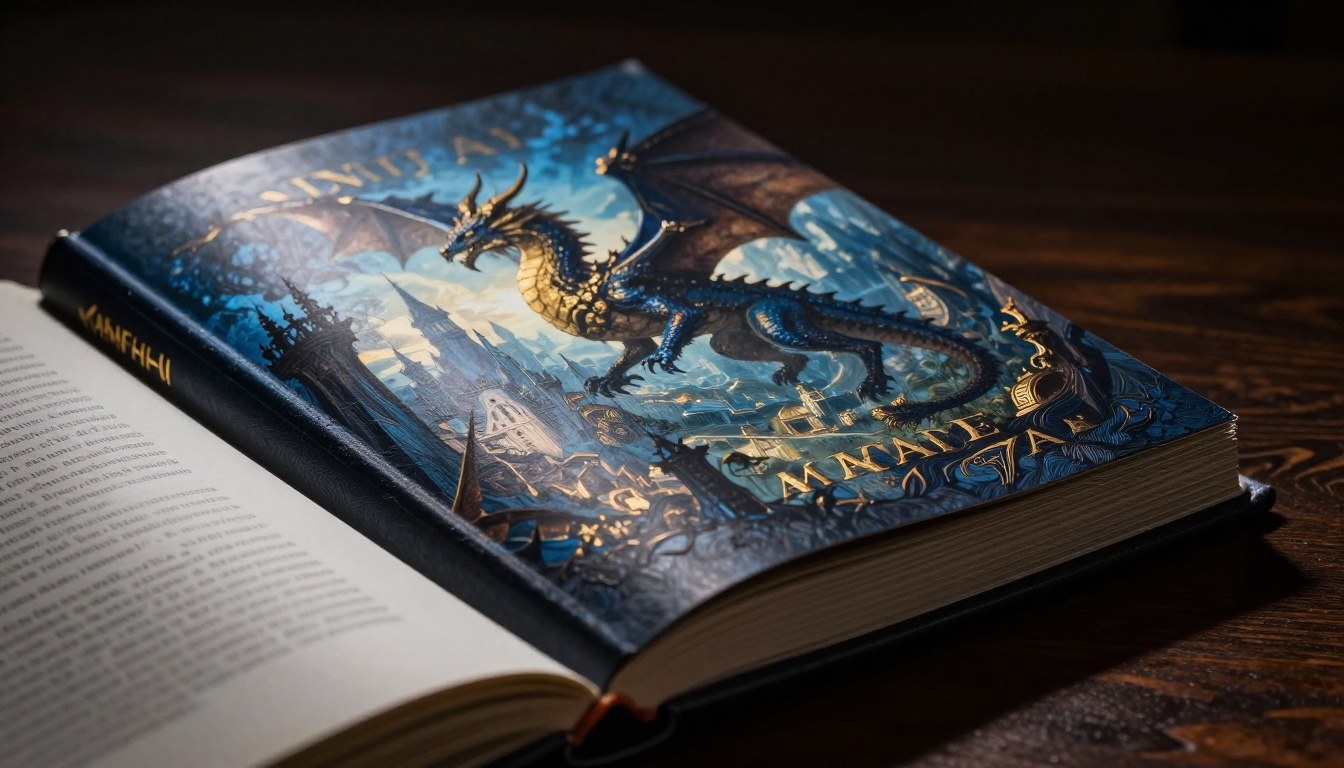 Fantasy hardcover open book displaying dragon cover art in dramatic lighting Fantasy hardcover open book displaying dragon cover art in dramatic lighting
