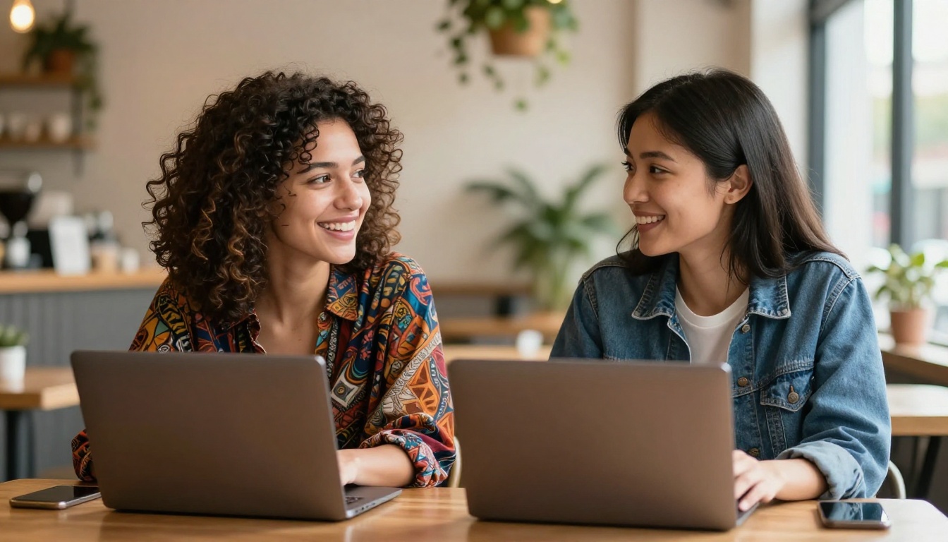 Two women discussing product visuals on laptops at a bright coffee shop table Two women discussing product visuals on laptops at a bright coffee shop table