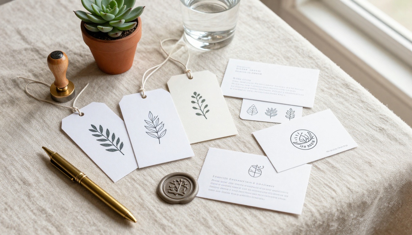 Printed brand identity materials on linen including hang tags, stickers, and wax stamp Printed brand identity materials on linen including hang tags, stickers, and wax stamp