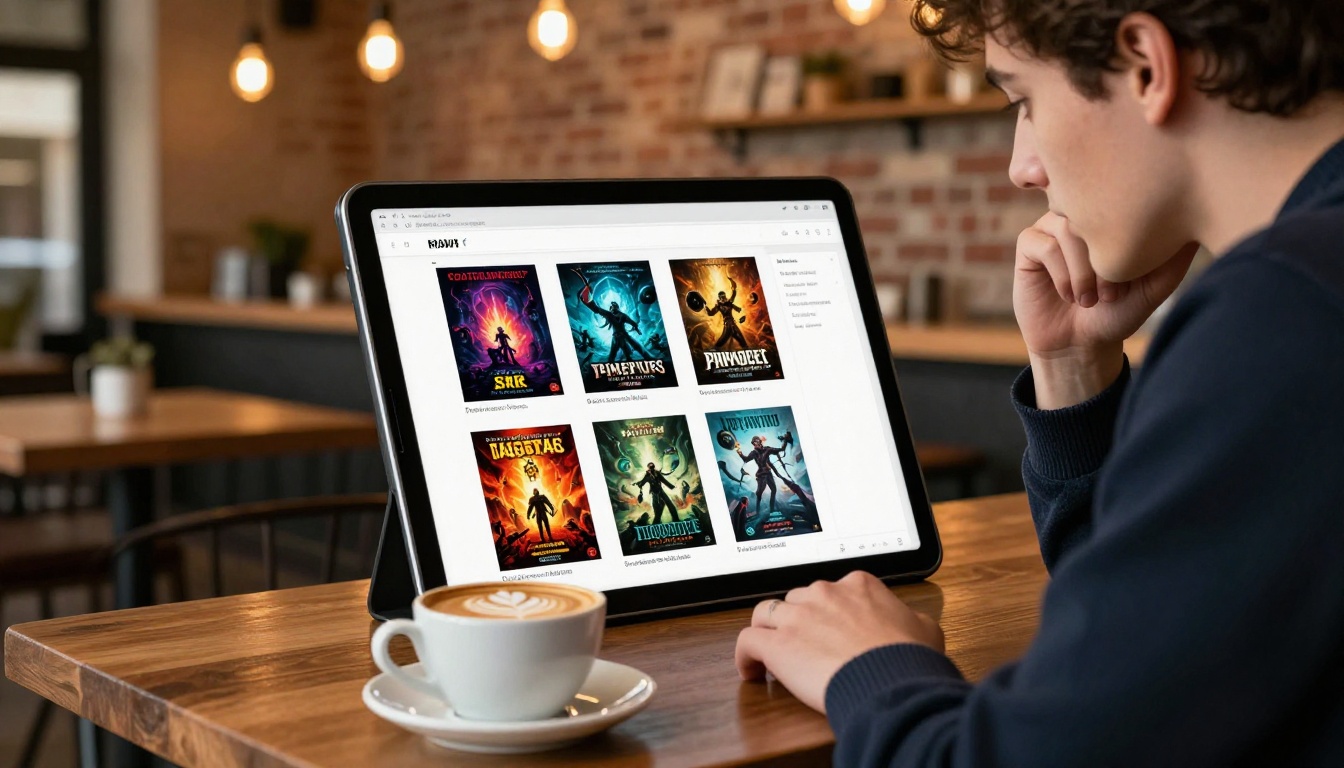 Young writer reviewing AI-generated book cover options on tablet in a coffee shop Young writer reviewing AI-generated book cover options on tablet in a coffee shop