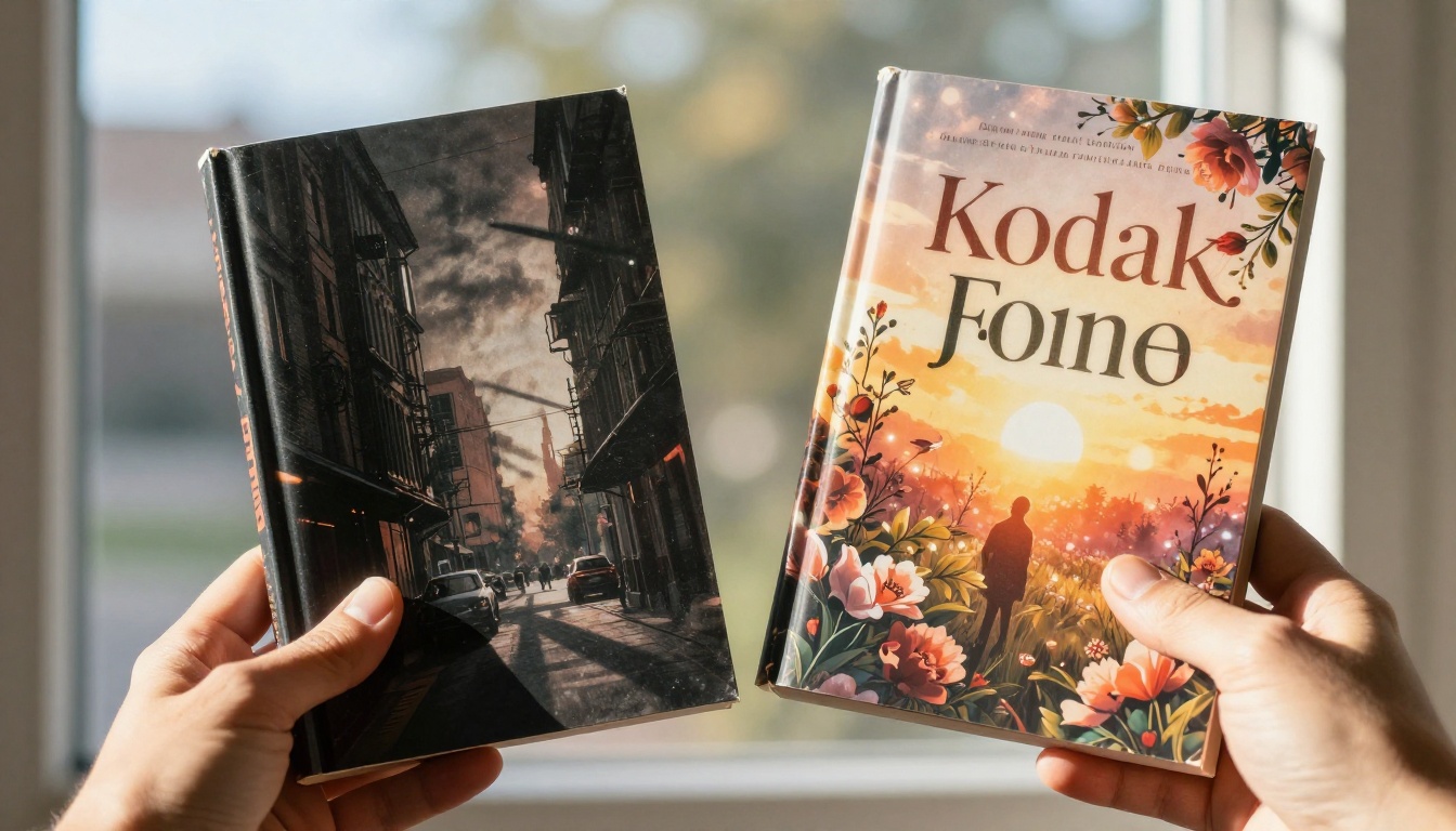 Two printed book cover mockups held side by side in natural window light Two printed book cover mockups held side by side in natural window light