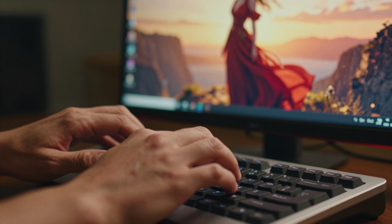 A writer's hands typing at a keyboard with a vibrant AI-generated book cover visible on the monitor behind A writer's hands typing at a keyboard with a vibrant AI-generated book cover visible on the monitor behind