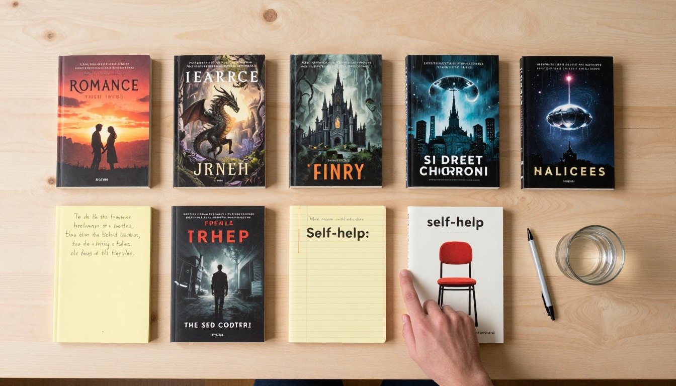 Multiple printed book covers laid out on a desk showing a range of AI-designed genre covers Multiple printed book covers laid out on a desk showing a range of AI-designed genre covers