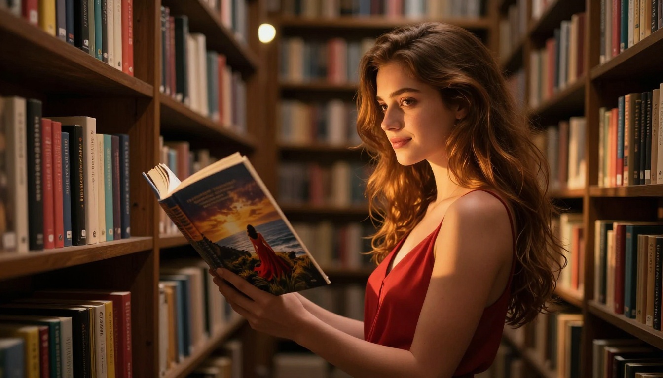A woman proudly holds a beautiful AI-designed book cover in a sunlit library