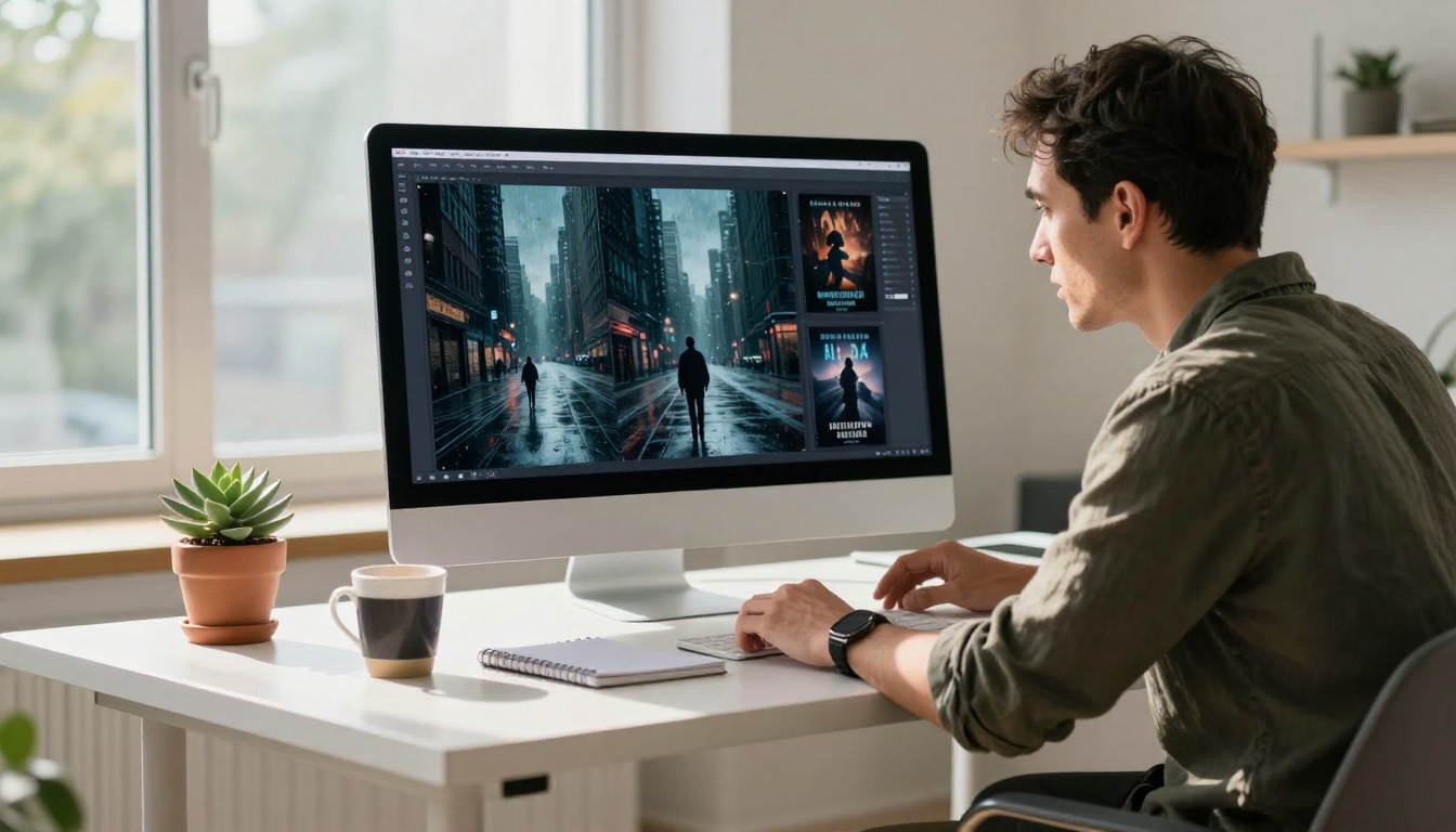 An author reviews AI-generated cover options at a computer setup