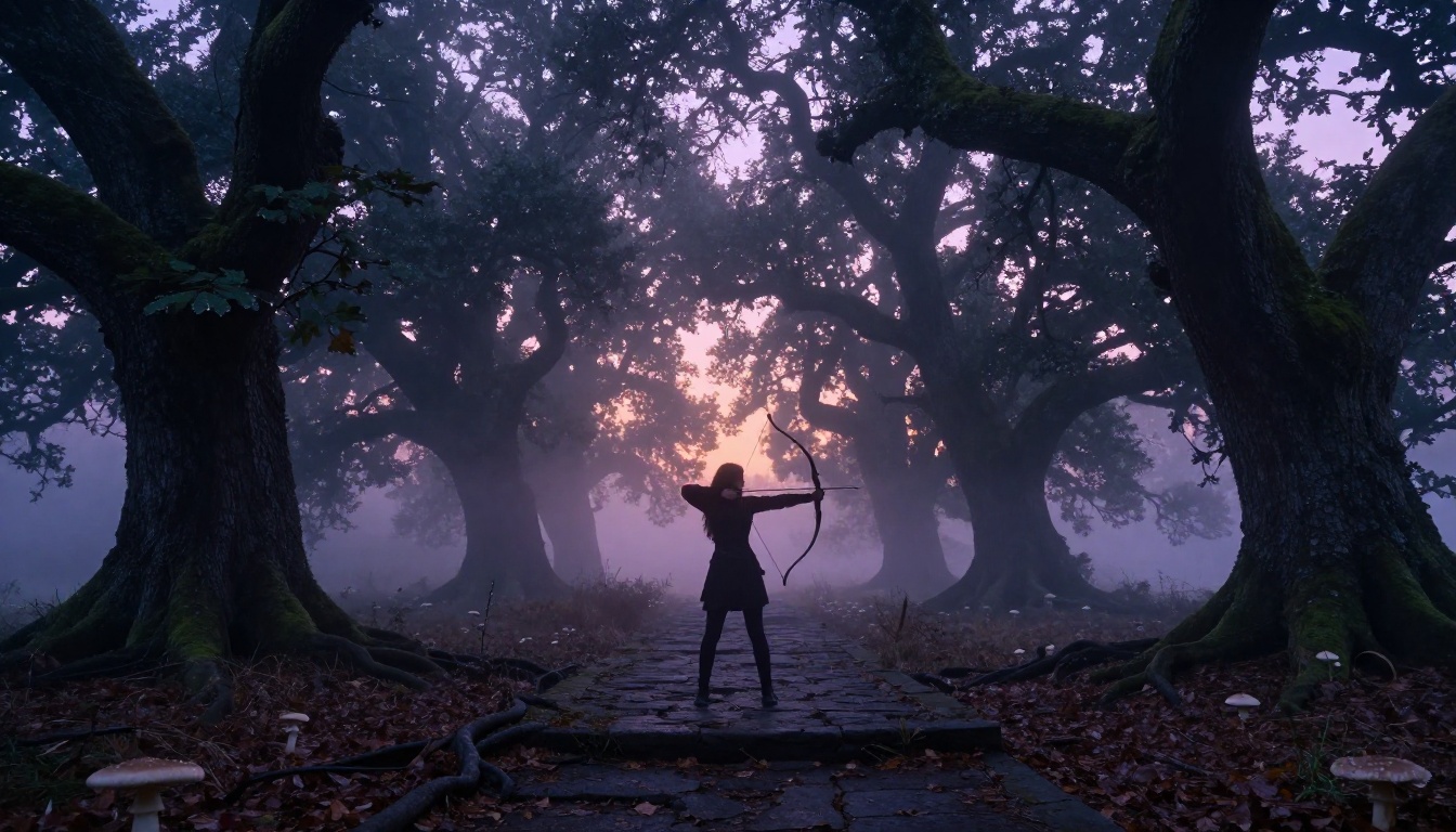 A lone archer stands silhouetted in a misty ancient forest at twilight, the kind of scene that anchors a fantasy novel cover