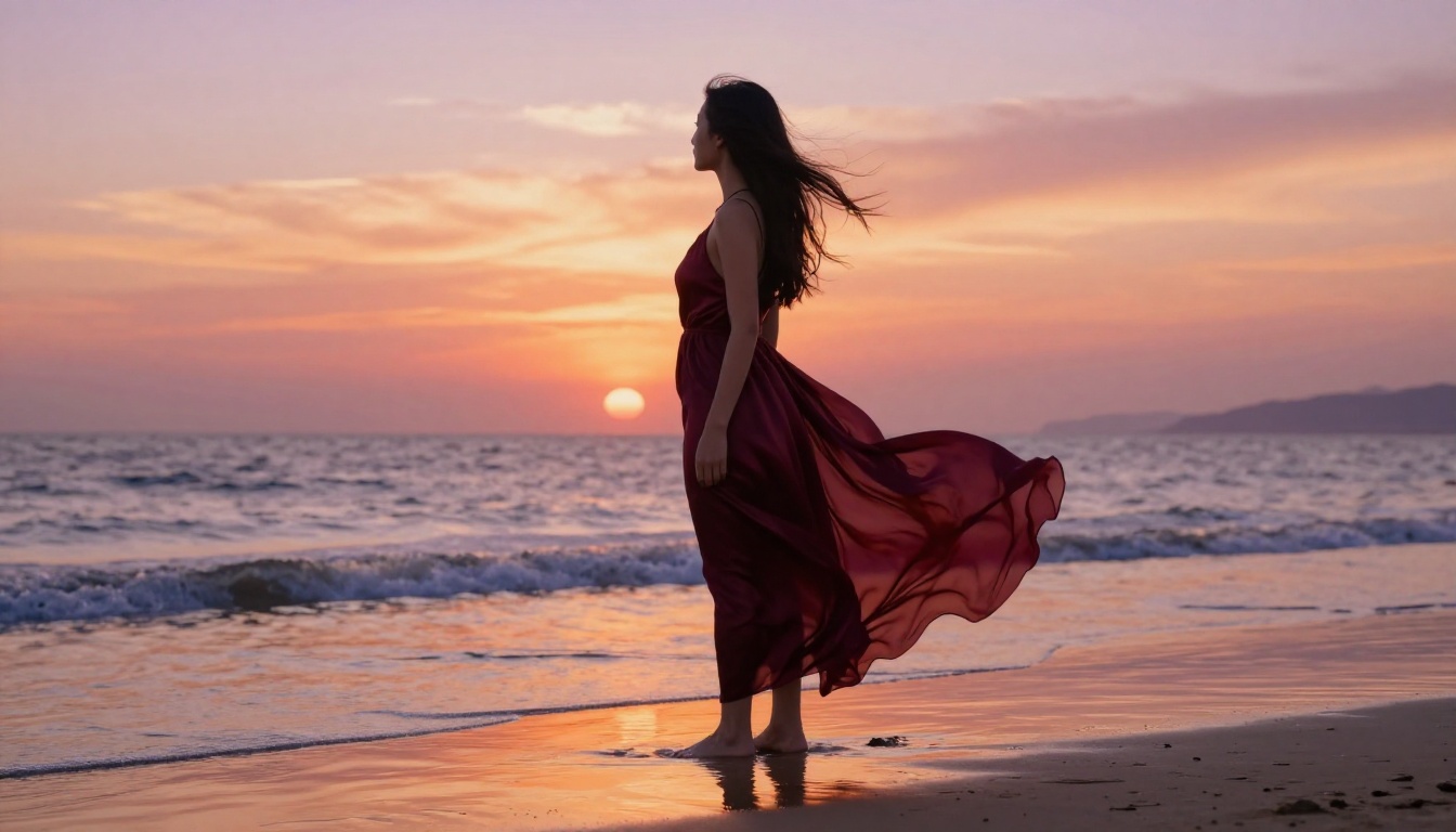 A woman in a flowing burgundy dress stands at the ocean's edge at golden hour, a scene suited for a romance cover
