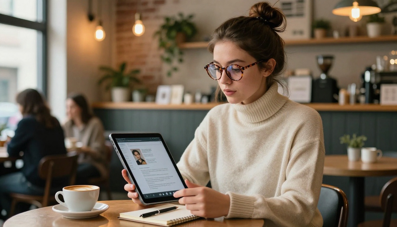 An author works on AI cover design from a coffee shop, using a tablet to generate and review options An author works on AI cover design from a coffee shop, using a tablet to generate and review options