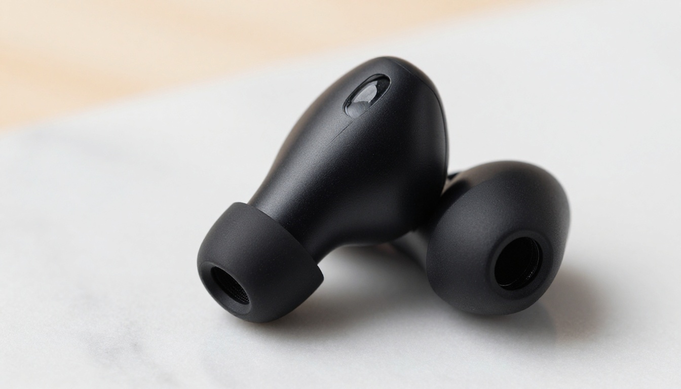 Premium product photo: black wireless earbud on white marble with professional studio lighting