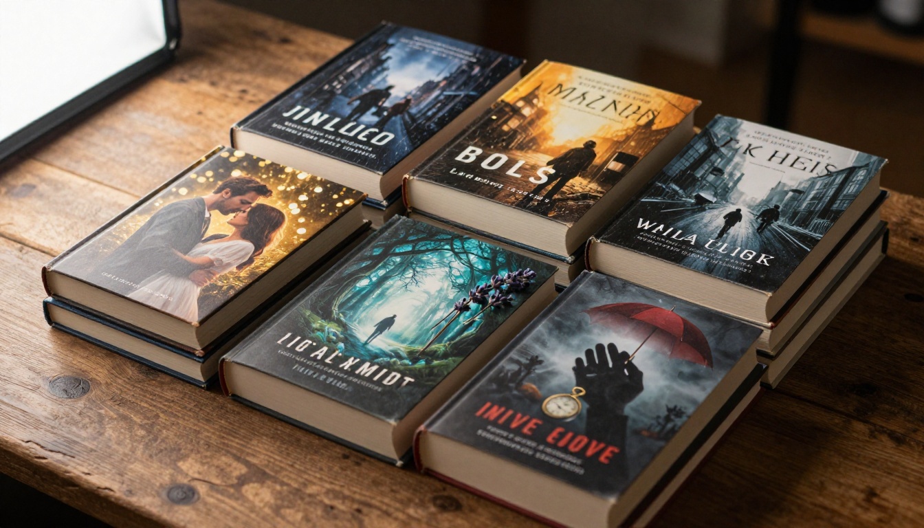 A beautifully arranged stack of self-published paperback books with professional AI-designed covers on a rustic wooden surface A beautifully arranged stack of self-published paperback books with professional AI-designed covers on a rustic wooden surface