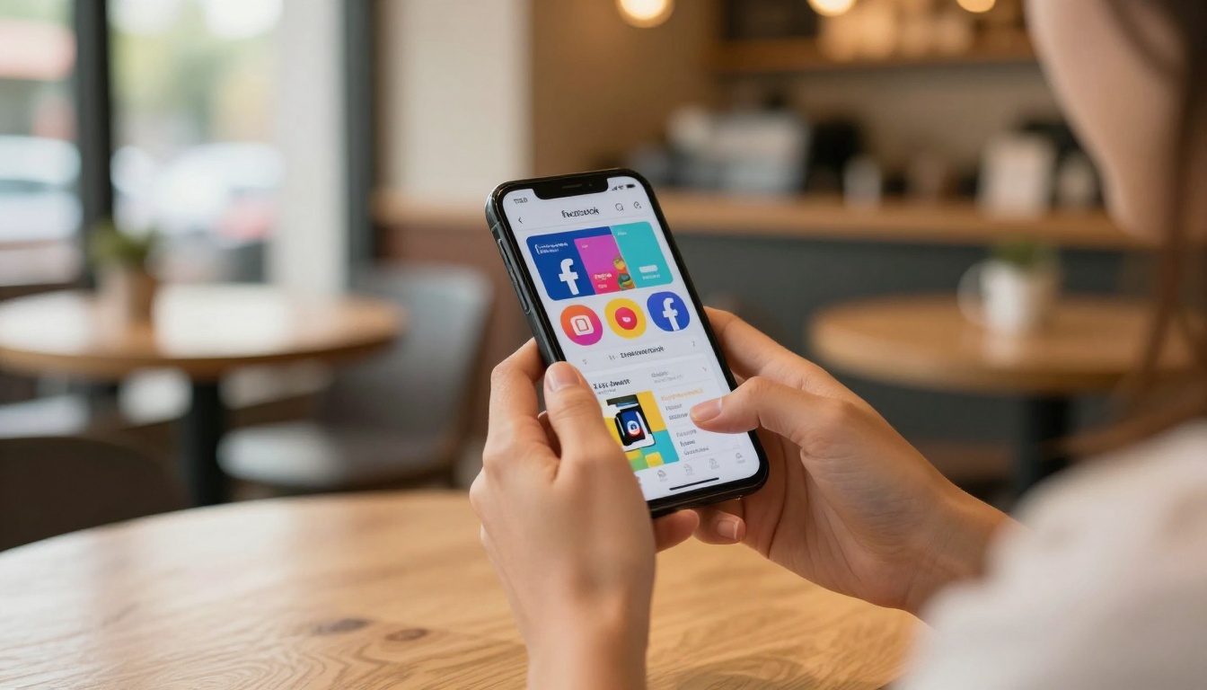 Smartphone displaying a Facebook product ad held in woman's hands at a bright cafe table